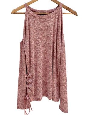 Fashion Nova Women's Red Marled Cold Shoulder Sweater Size L Lace Up Side Knit T
